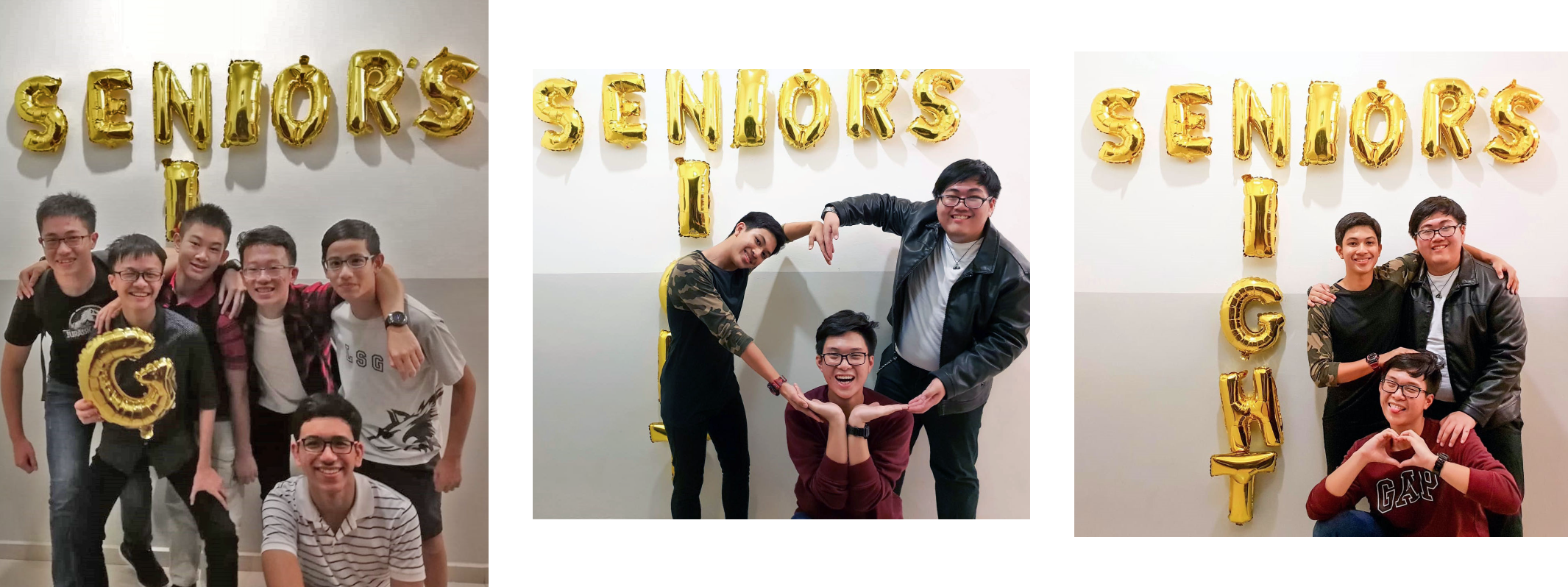 Three photos of young men posing and smiling under gold foil balloon letters spelling "SENIORS NIGHT."